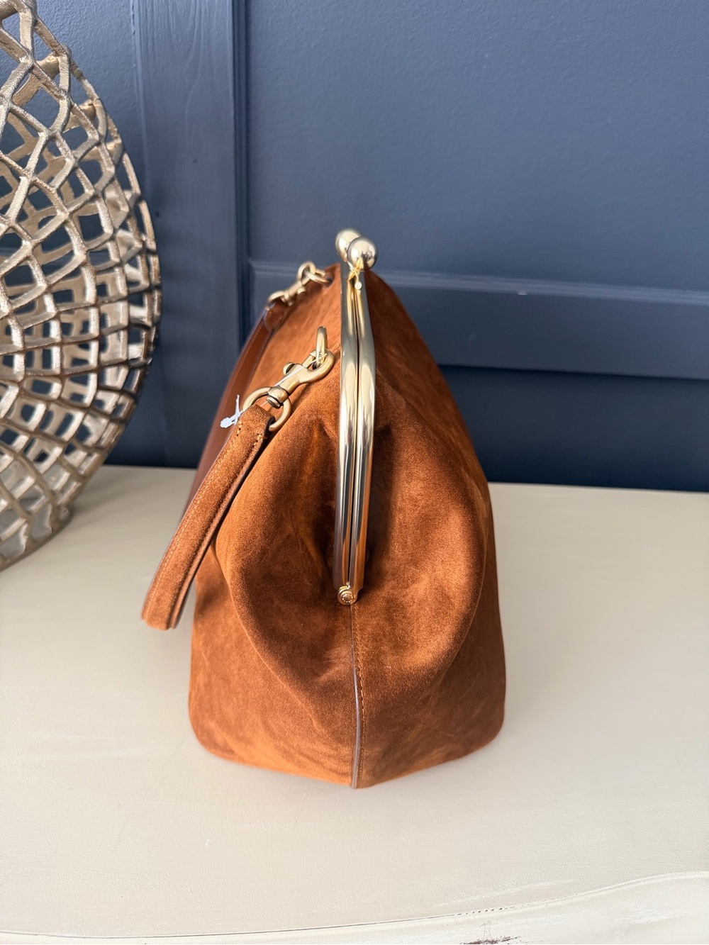 Coach Kisslock Frame Bag 27 Warm Brown Suede Brass NWT - Picture 7 of 15